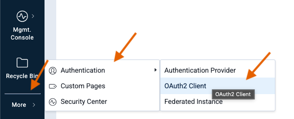 Menu options showing Authentication and OAuth2 Client selection in a management console.